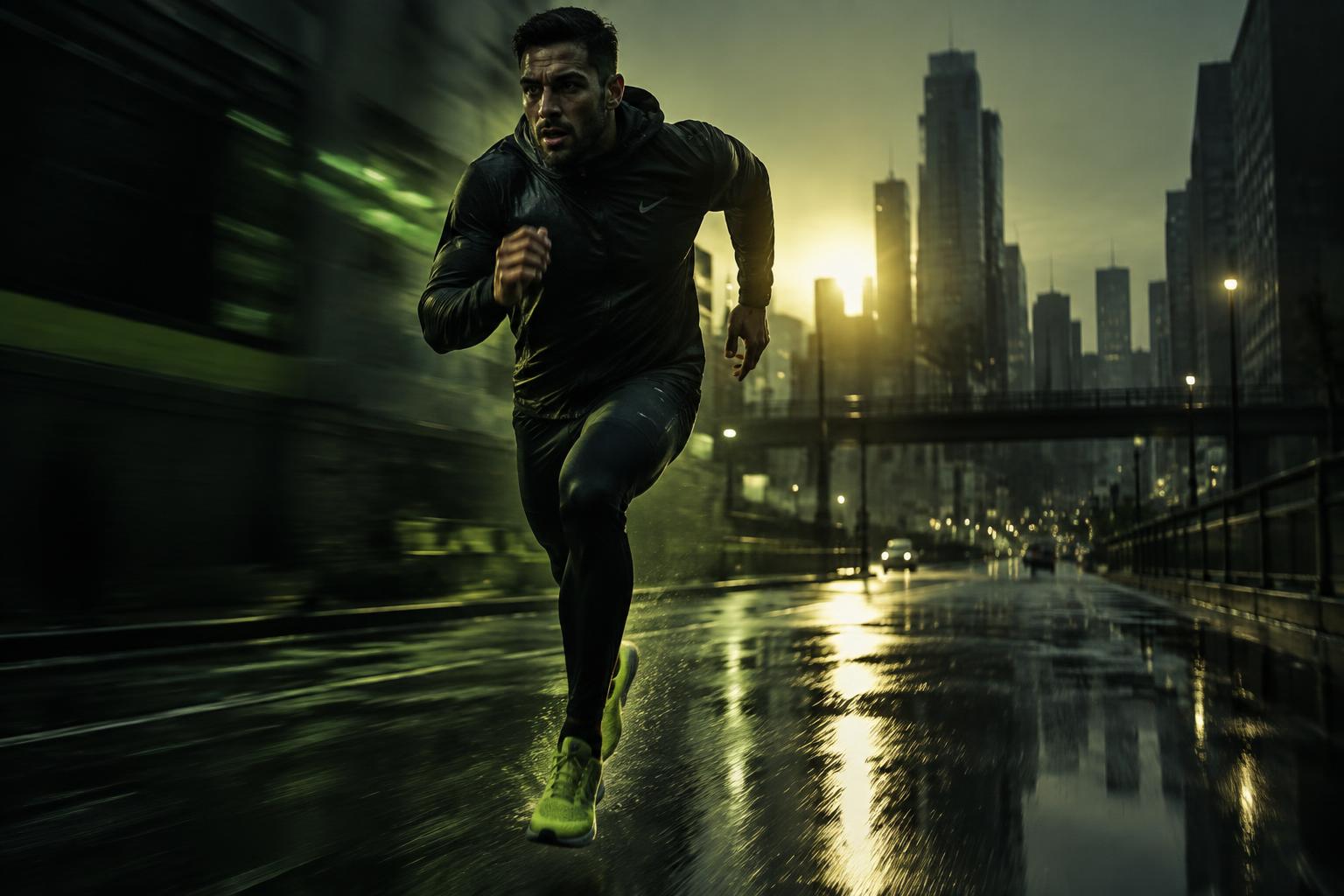 Corredor entrenando al amanecer en la ciudad